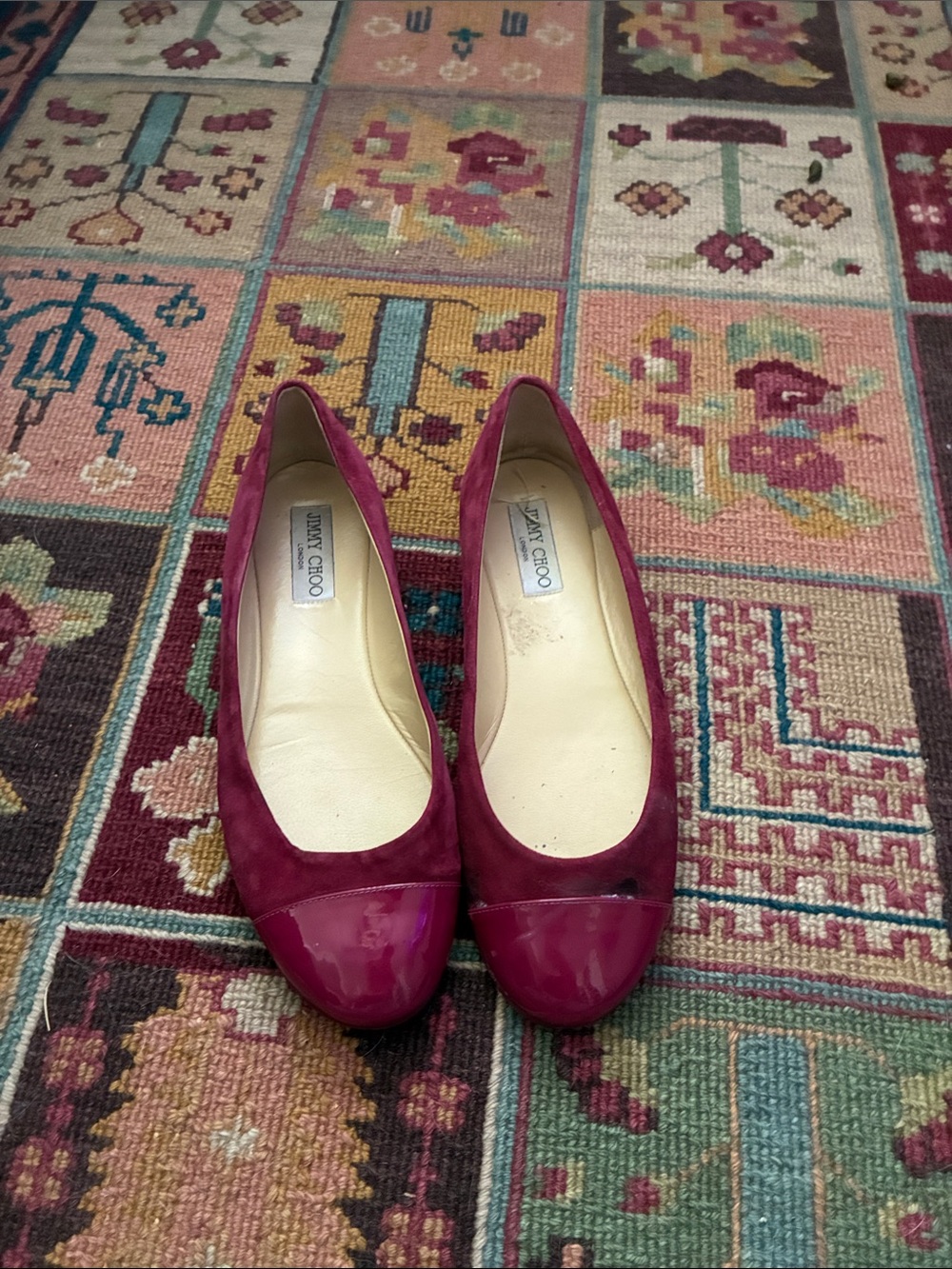 Jimmy Choo Burgundy Suede Flats with Patent Cap Toe